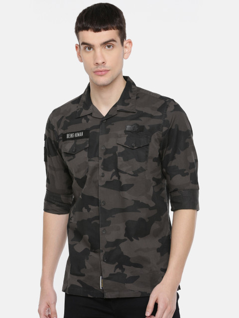 

Being Human Clothing Men Grey & Black Comfort Fit Camouflage Printed Casual Shirt