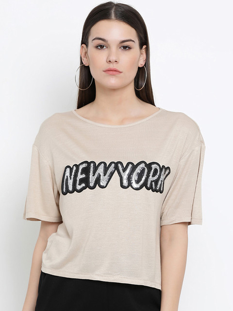 

Kazo Women Beige Self Design Round Neck T-shirt