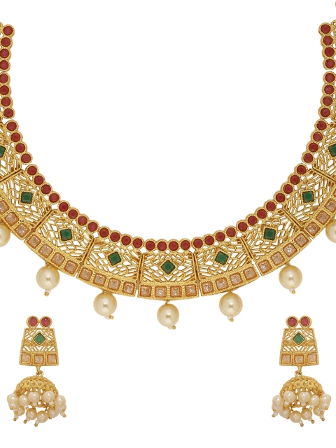 

Voylla Women Gold-Plated, White & Green Handcrafted Stone-Studded Jewellery Set