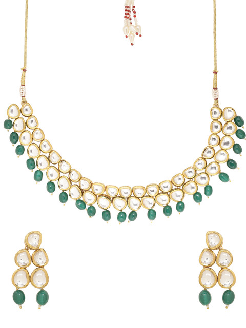 

Voylla Women Gold-Plated & Green Handcrafted Stone-Studded Jewellery Set