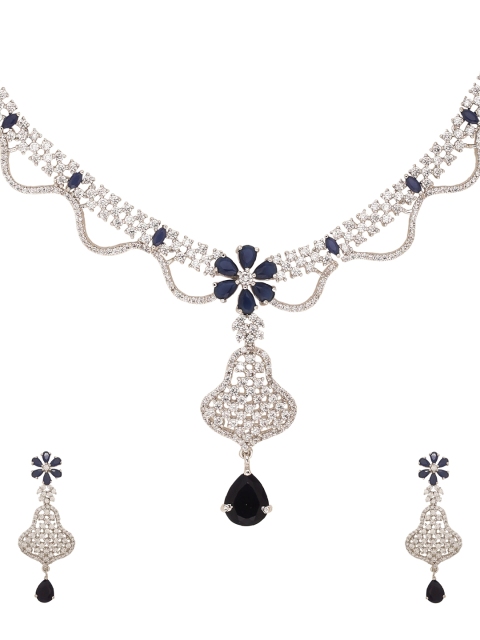 

Voylla Women Silver-Plated & Blue Handcrafted Stone-Studded Jewellery Set