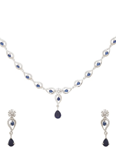

Voylla Women Silver-Plated & Blue Handcrafted Stone-Studded Jewellery Set