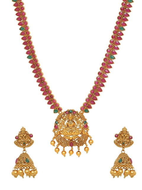 

Voylla Women Gold-Plated, Red & Green Handcrafted Stone-Studded Jewellery Set