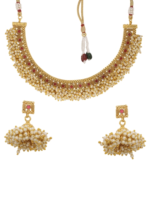 

Voylla Women Gold-Plated, Red & Off-White Handcrafted Stone-Studded Jewellery Set