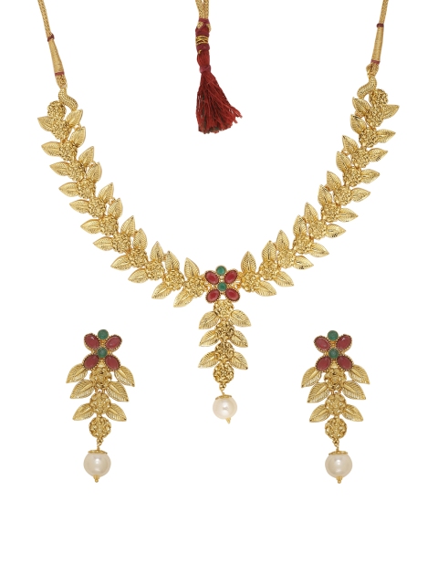 

Voylla Women Gold-Plated, Red & Green Handcrafted Stone-Studded Jewellery Set