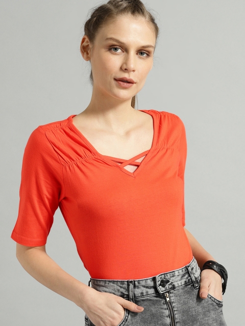 

The Roadster Lifestyle Co Women Coral Red Solid Pure Cotton Top