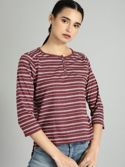 

Roadster Women Burgundy & Off-White Striped Top