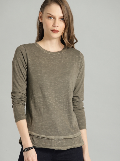 

Roadster Women Olive Green Solid Round Neck T-shirt