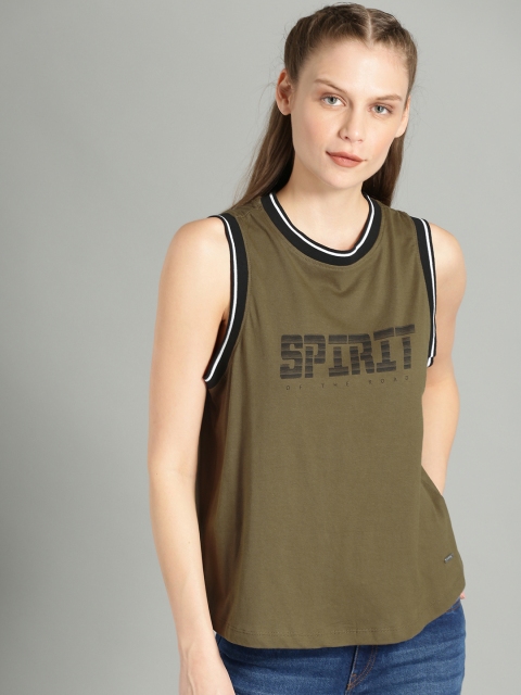 

The Roadster Lifestyle Co Women Olive Green Printed Pure Cotton Top