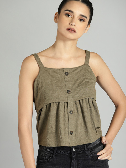 

Roadster Women Olive Green Solid Knitted Top