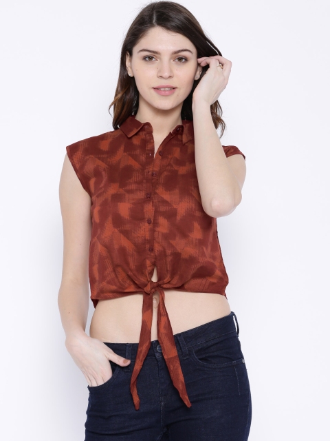 

Tokyo Talkies Rust Brown Printed Crop Shirt