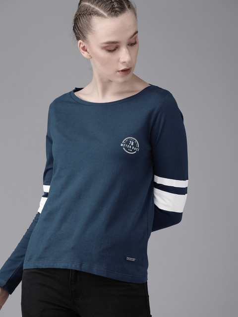 

Roadster Women Navy Blue Solid Round Neck T-shirt