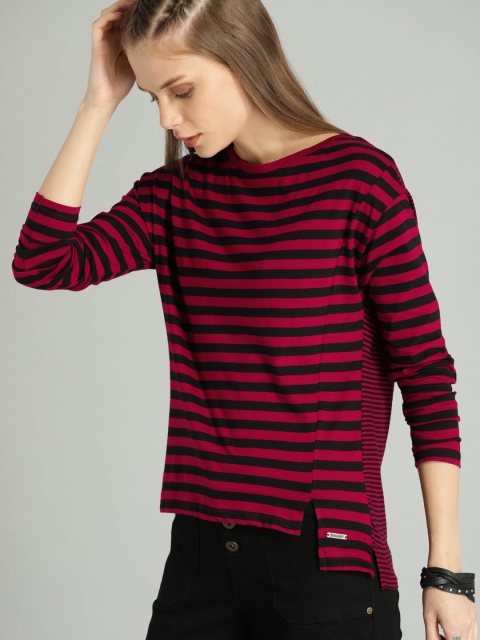 

The Roadster Lifestyle Co Women Red Black Striped Round Neck Pure Cotton T-shirt