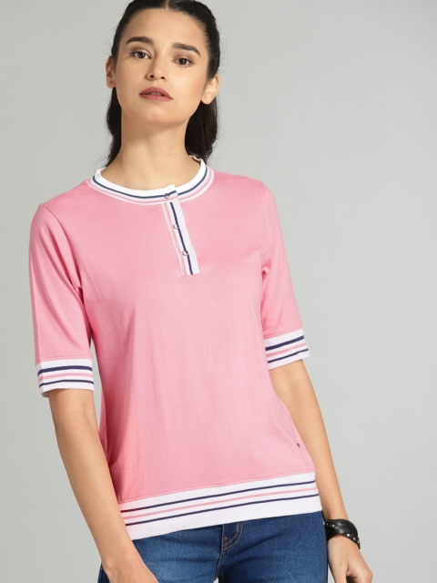 

Roadster Women Pink Solid Henley Neck T-shirt