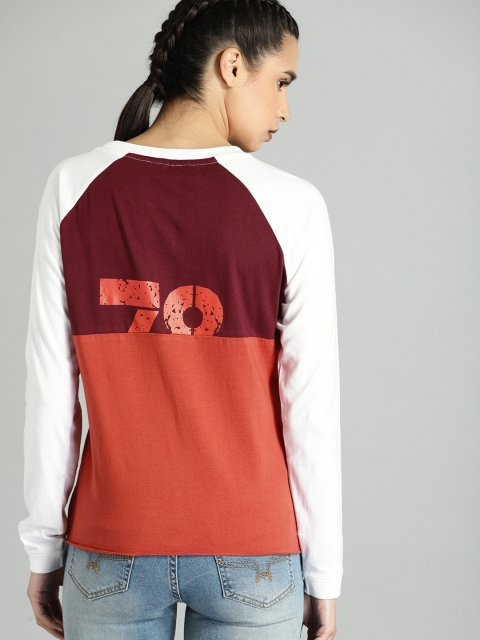

The Roadster Lifestyle Co Women Burgundy Rust Orange Colourblocked Round Neck Pure Cotton T-shirt