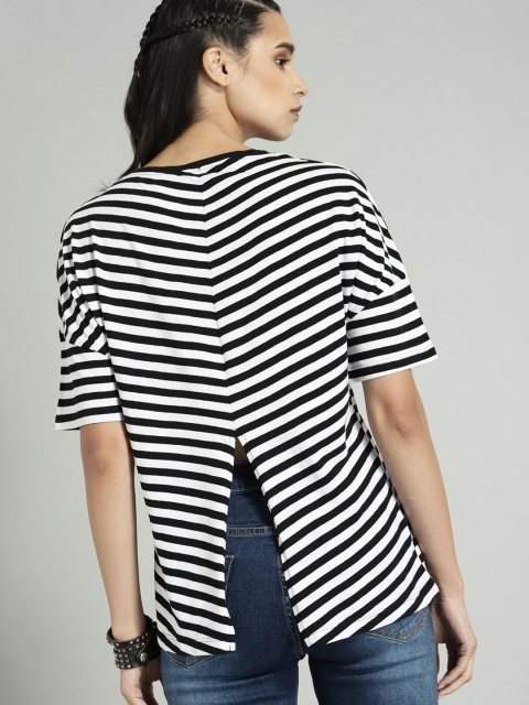 

Roadster Women Black & White Striped Round Neck T-shirt