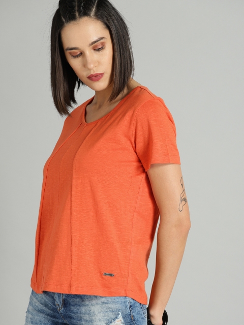 

Roadster Women Coral Orange Solid V-Neck T-shirt