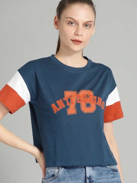 

Roadster Women Blue Printed Round Neck T-shirt