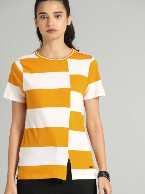 

Roadster Women Yellow Striped Round Neck T-shirt