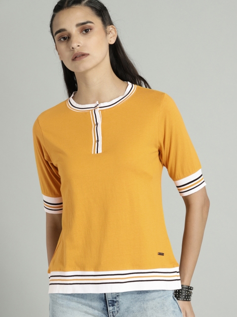 

Roadster Women Yellow Solid Henley Neck T-shirt