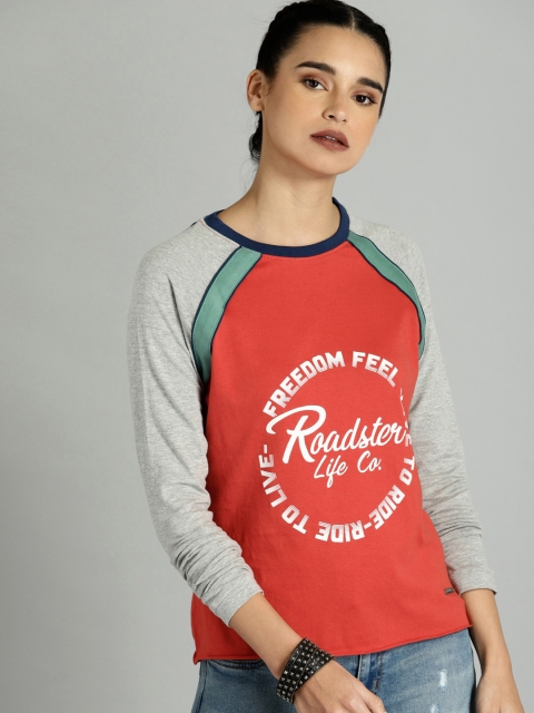 

Roadster Women Orange & Grey Melange Printed Round Neck T-shirt