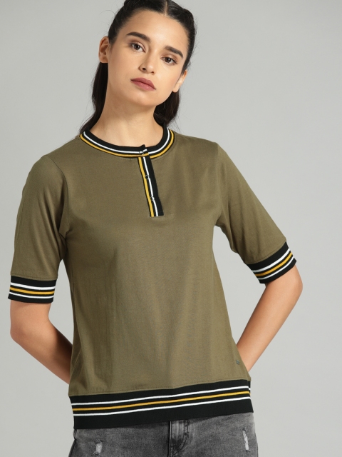 

The Roadster Lifestyle Co Women Olive Green Solid Henley Neck Pure Cotton T-shirt