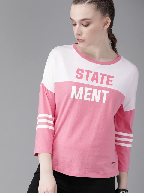 

Roadster Women White & Pink Printed Round Neck T-shirt