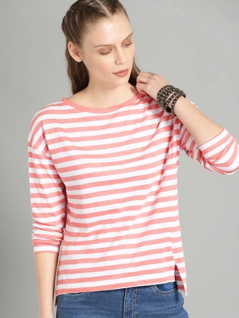 

The Roadster Lifestyle Co Women Pink & White Striped High-Low Pure Cotton Top