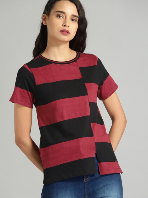 

Roadster Women Pink & Black Striped Round Neck T-shirt