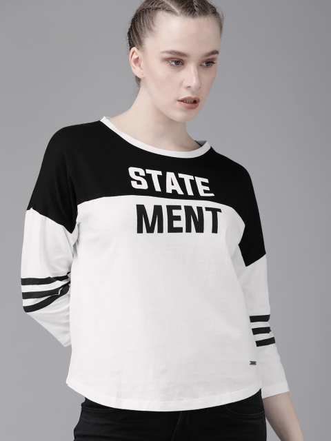 

Roadster Women Black & White Printed Round Neck T-shirt