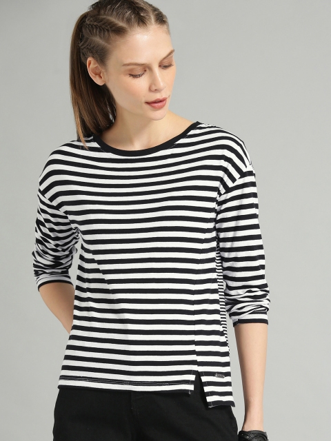 

The Roadster Lifestyle Co Women White & Black Striped High-Low Pure Cotton Top