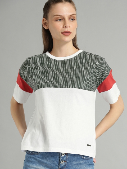 

Roadster Women White & Green Printed Round Neck T-shirt