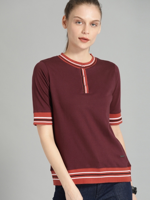 

Roadster Women Maroon Solid Henley Neck T-shirt