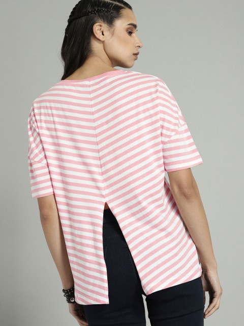 

Roadster Women Pink & White Striped Round Neck T-shirt