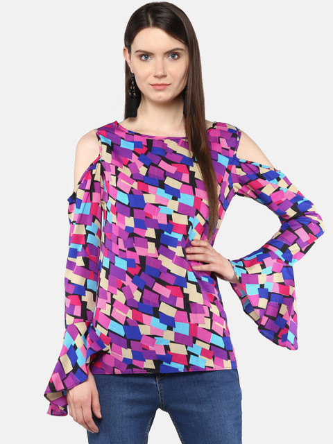 

Karmic Vision Women Purple & Beige Printed Cold-Shoulder Top