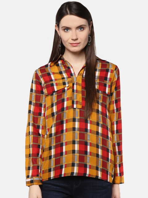 

Karmic Vision Women Mustard Yellow & Red Checked Shirt Style Top