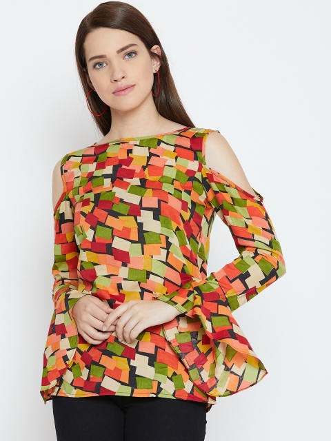 

Karmic Vision Women Red & Orange Printed Cold-Shoulder Top