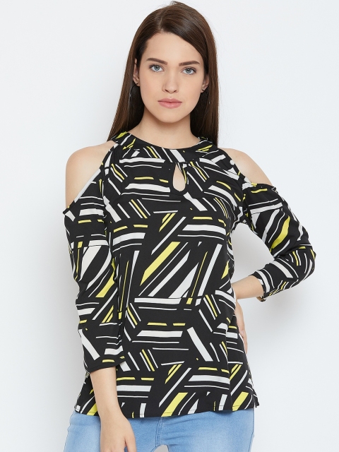 

Karmic Vision Black & Off White Printed Cold-Shoulder Top