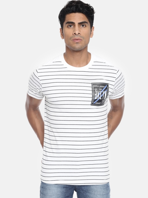 

Mufti Men White & Black Striped Round Neck T-shirt