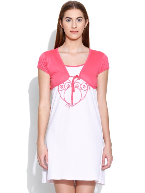 

Clt.s Off-White & Pink Graphic Print Pure Cotton Sleep Shirt with Shrug