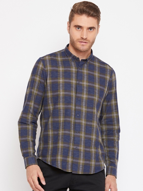

Blackberrys Men Navy Blue & Olive Green Slim Fit Checked Casual Shirt