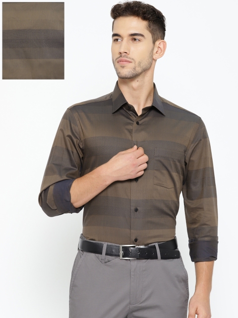 

Blackberrys Men Olive Brown & Grey Self-Striped Slim Fit Party Shirt