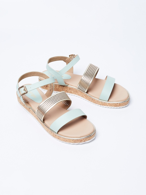 

Ginger by Lifestyle Women Sea Green & Gunmetal-Toned Textured Sandals