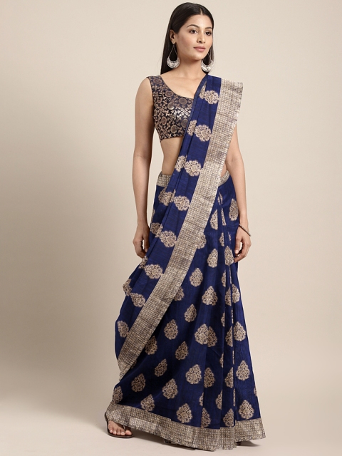 

aamna Navy Blue & Gold-Coloured Pure Linen Woven Design Banarasi Saree