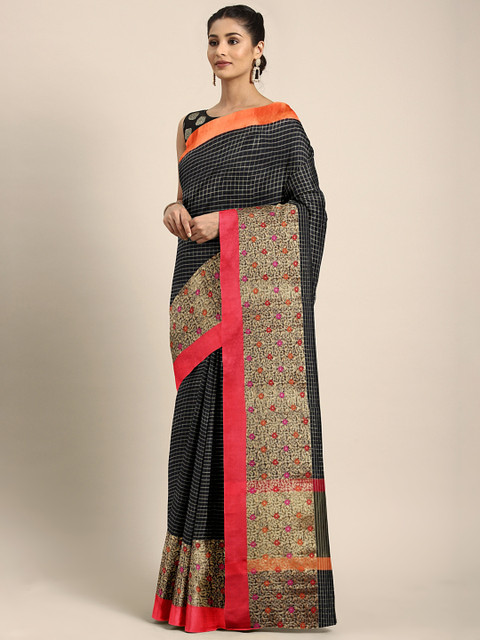 

aamna Black & Red Pure Silk Checked Banarasi Saree