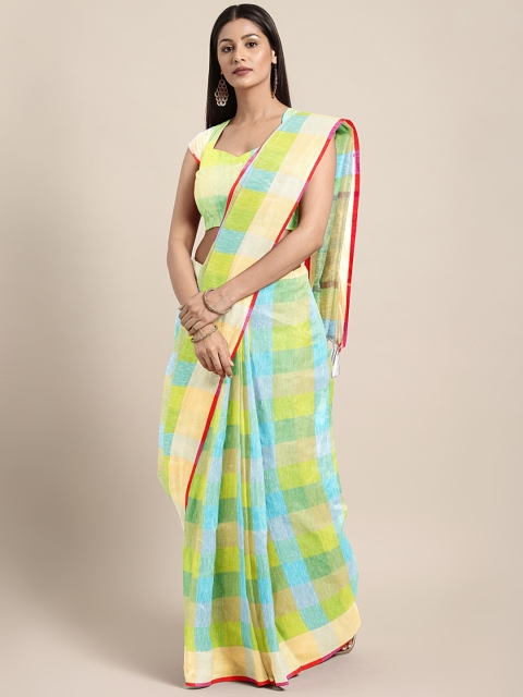 

aamna Green Pure Linen Checked Saree