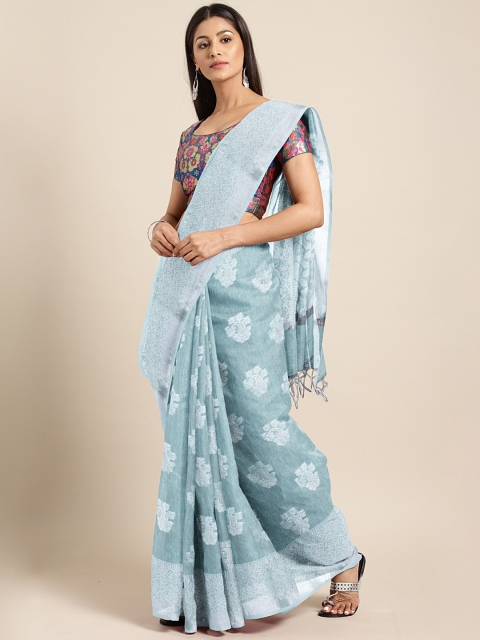 

aamna Blue & Silver-Toned Pure Linen Woven Design Banarasi Saree