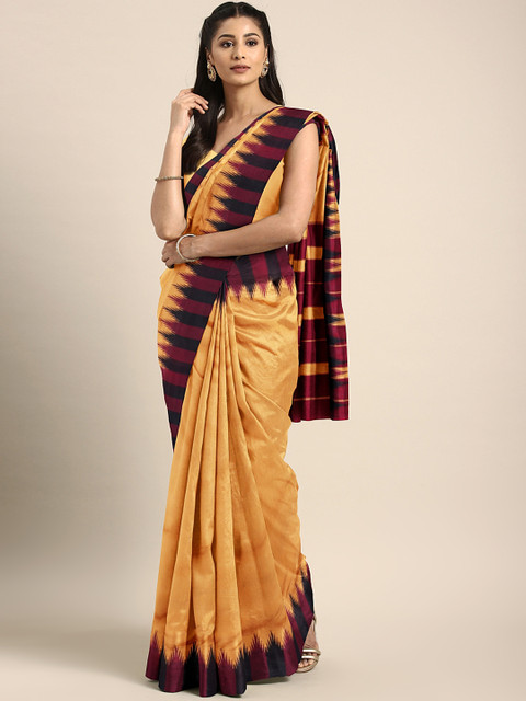 

aamna Women Mustard Yellow & Maroon Art Silk Solid Saree, Gold