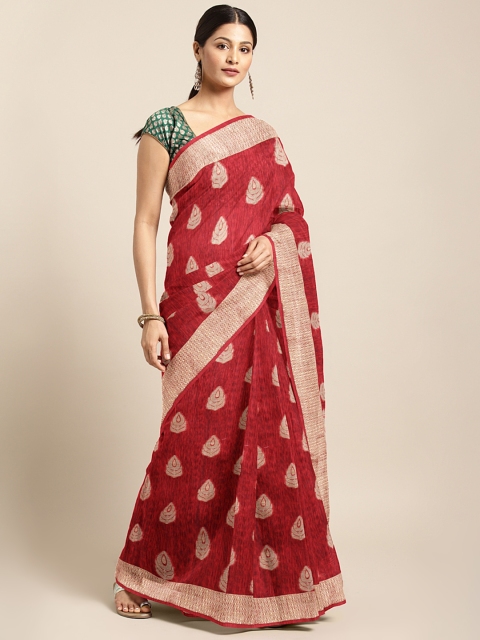 

aamna Red & Gold-Coloured Pure Linen Woven Design Banarasi Saree