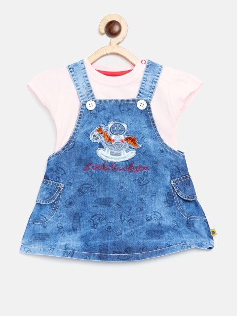 

BRATS AND DOLLS Girls Blue & Pink Denim Pinafore Dress with Top